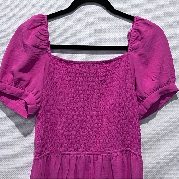 Monteau Los Angeles Pink Midi Square Neck, Puff Sleeved, Front Slit Dress Sz Lg - Picture 13 of 15